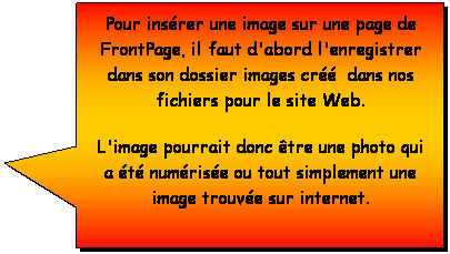 Rectangle: Pour insérer une image sur une page de FrontPage, il faut d'abord l'enregistrer dans son dossier images créé dans nos fichiers pour le site Web.
L'image pourrait donc être une photo qui
a été numérisée ou tout simplement une image trouvée sur internet.